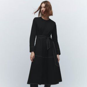 Zara Black Contrasting Stitching Long Sleeve Midi Dress, Size Small, NWT